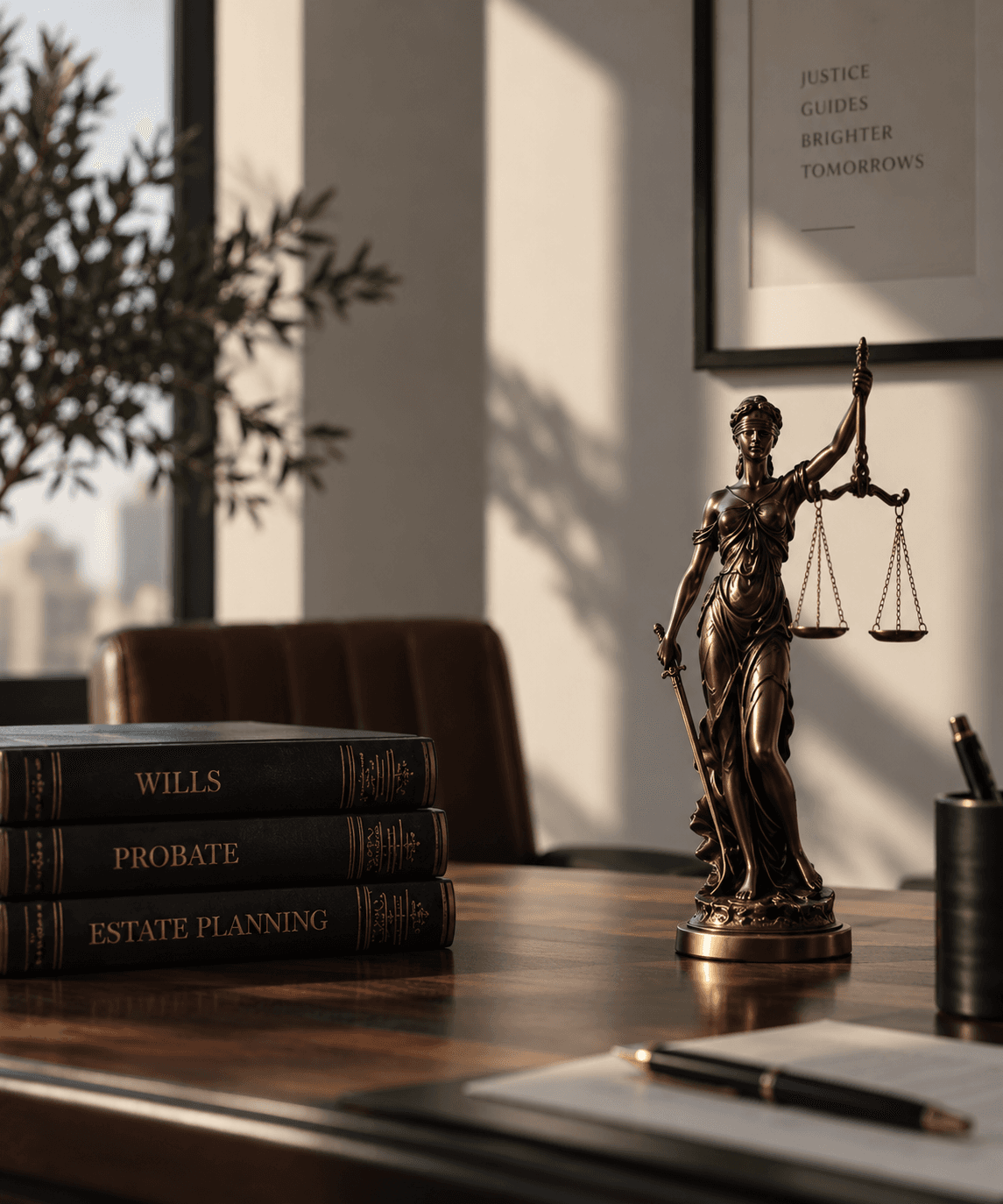 A bronze figure of Justice on a solicitor’s desk beside bound volumes on wills, probate and estate planning