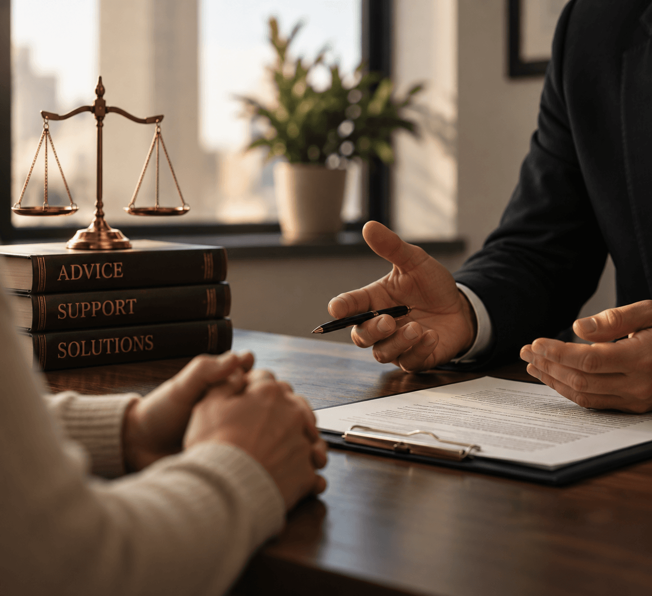 A solicitor talking a client through a document across a meeting table