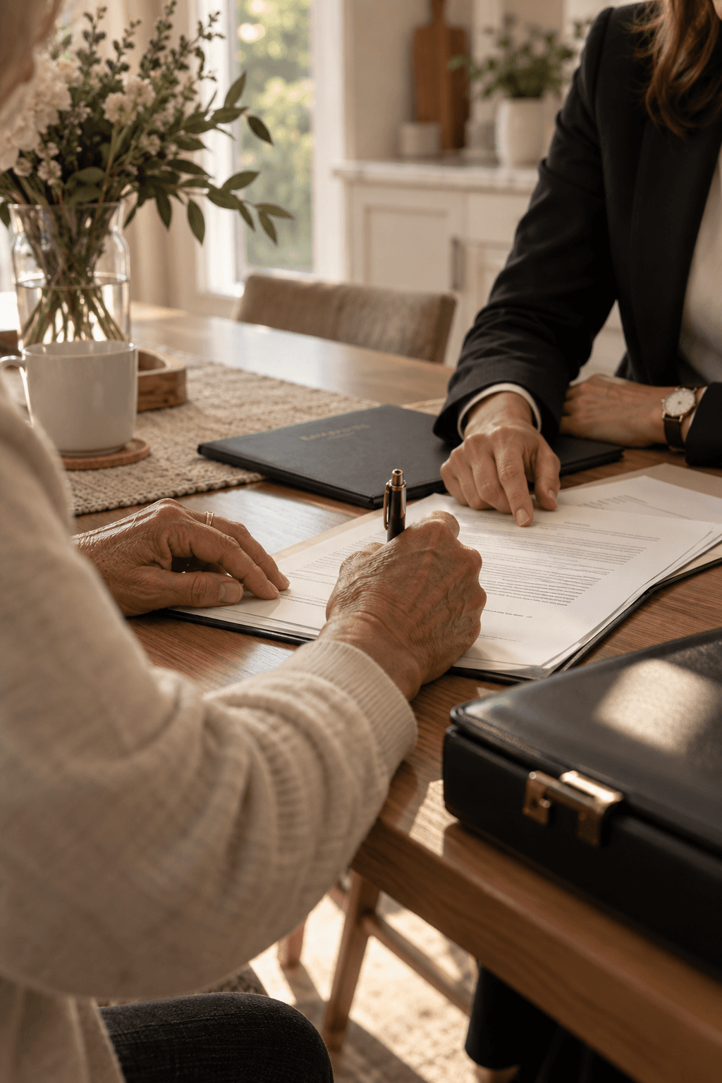 A will being signed and witnessed at a client’s own dining table