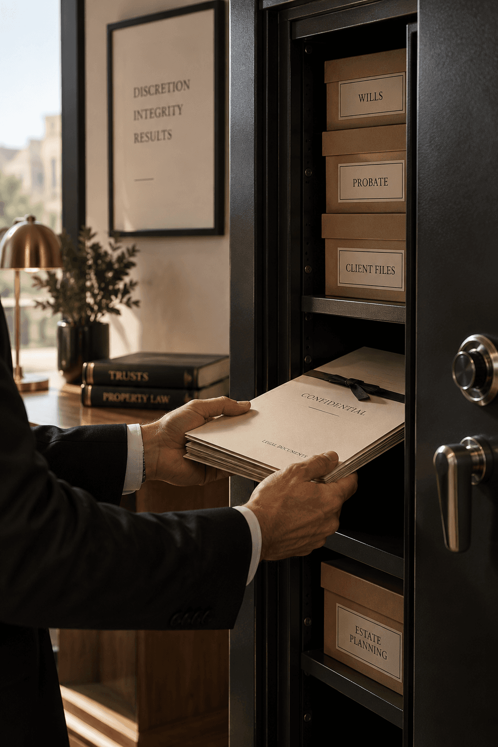 Catalogued deed packets being placed in the firm’s fireproof safe