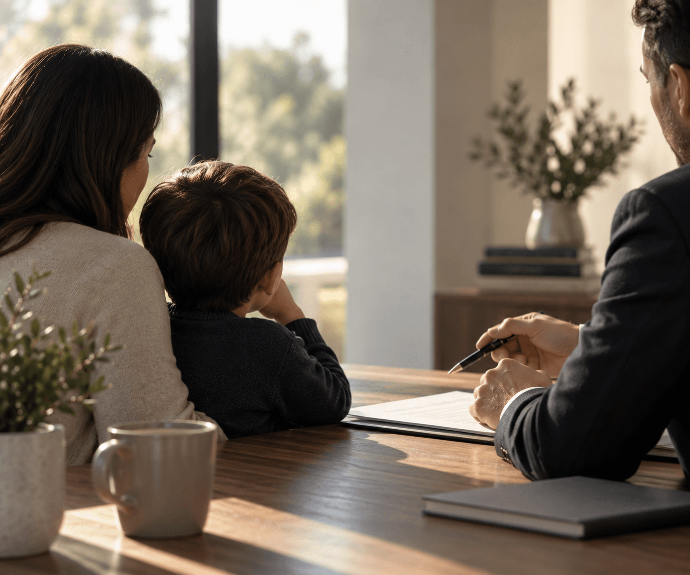 A mother and her young son sitting with a solicitor across a desk in morning light
