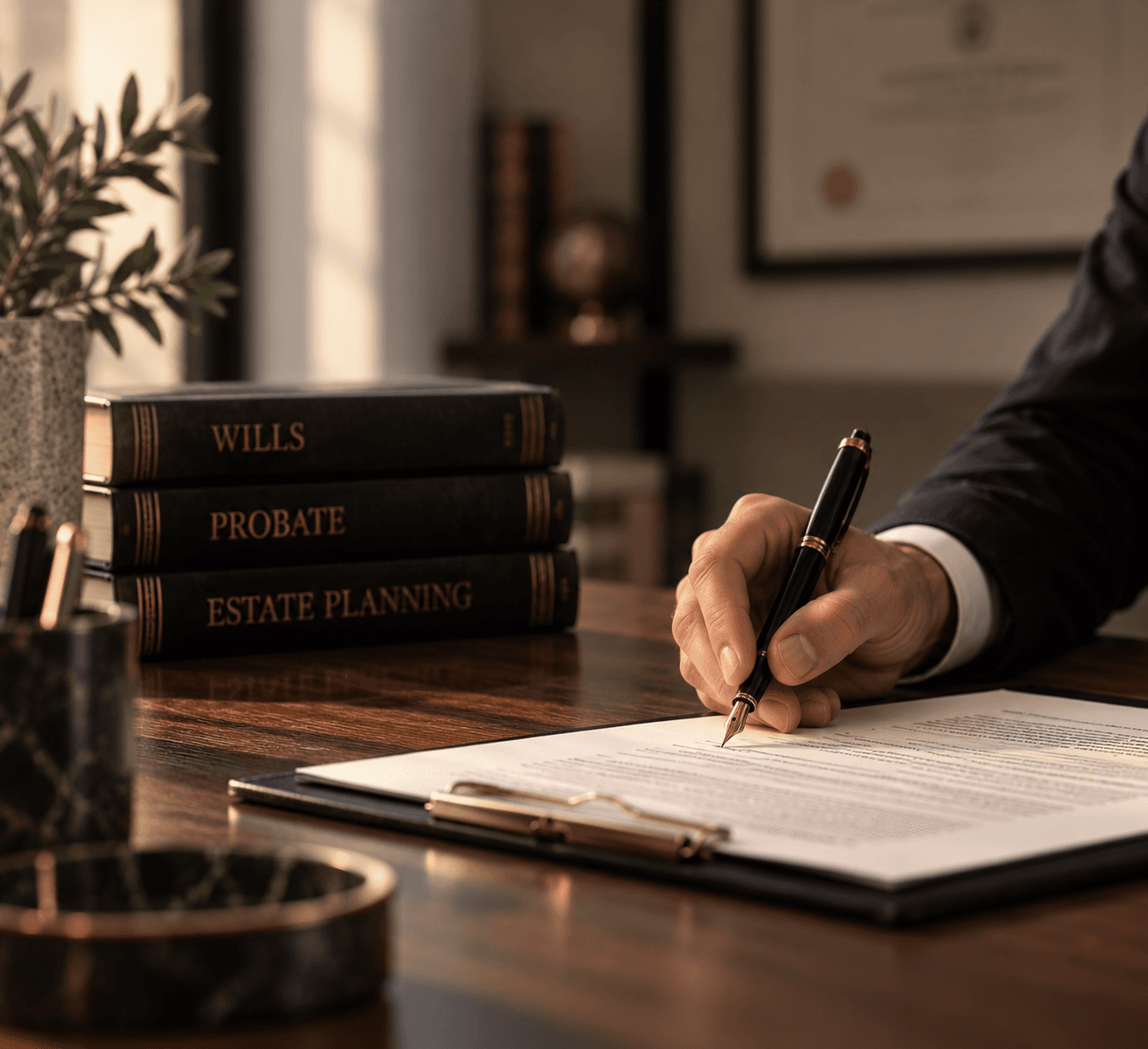 A hand signing a document with a fountain pen beside bound law volumes